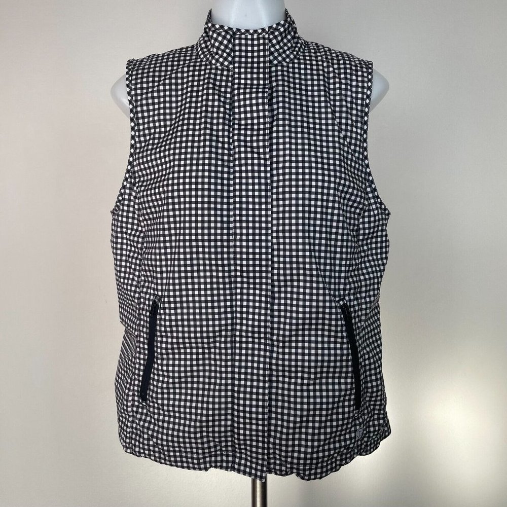 Talbots Vest‎ MP Black White Gingham Plaid Full-Zip Pockets Terry Lined Women's